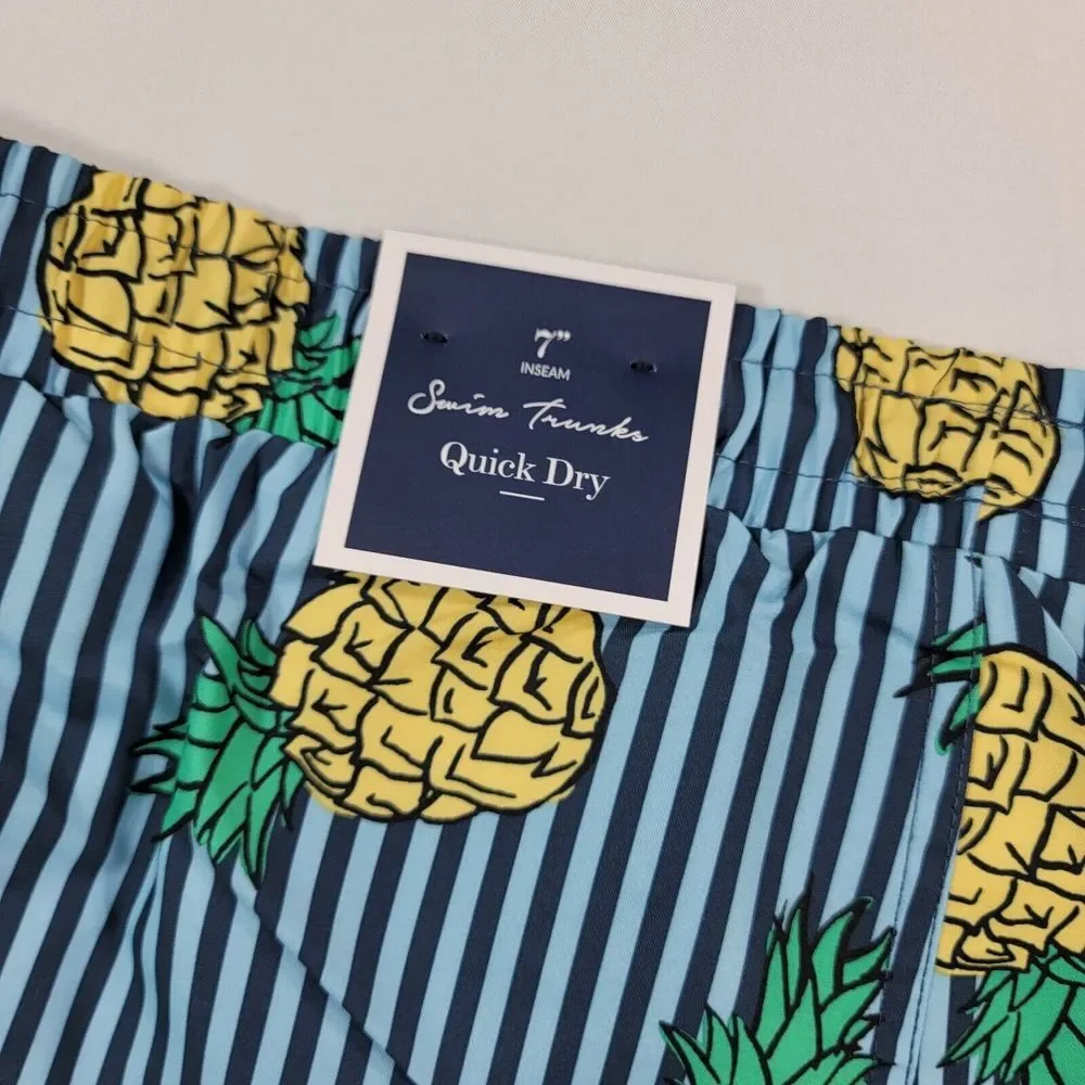 Club Room Pineapple Stripes Swim Trunks Mens 2XL Blue Quick‎ Dry Pockets $45 NEW